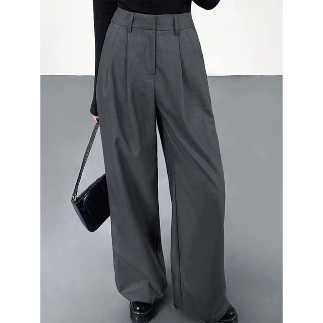 Women's Grey Wide Leg Dress Pants - High Waist, Versatile and Chic