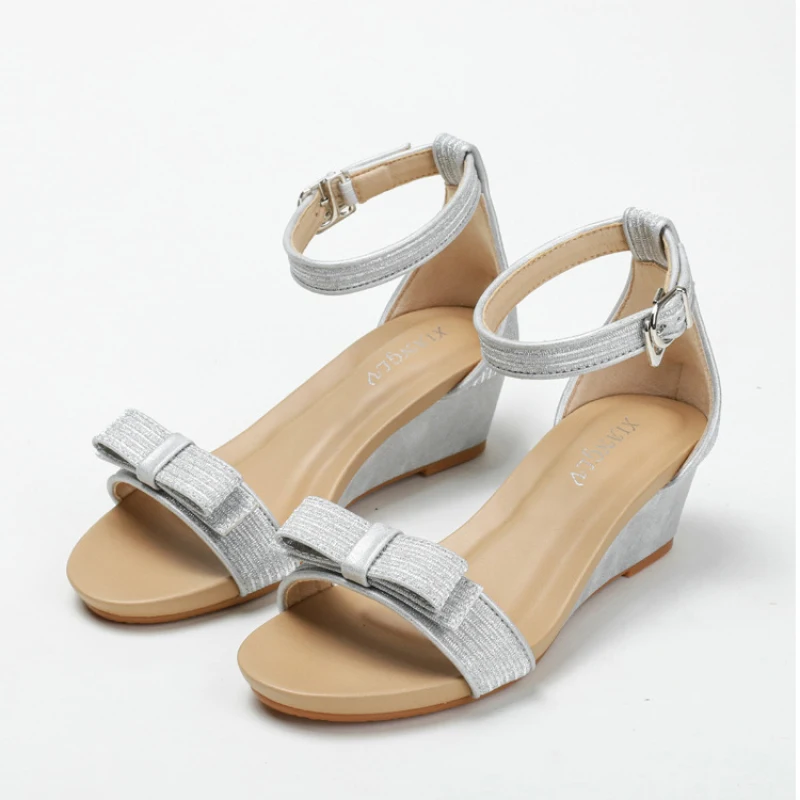 

Plus Size 36-42 Women Wedges Sandals Mid Heel Open Toe Bowknot Bling Fabric Ankle Strap Female Casual Summer Modern Shoes Lady
