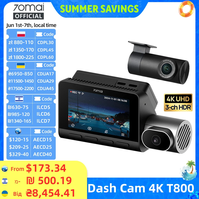 70mai T800 3-Channel HDR Car DVR Front 4K+Rear 4K/1080P+Interior 1080P Voice Control Super Capacitor GPS ADAS Support 4G Wifi 6