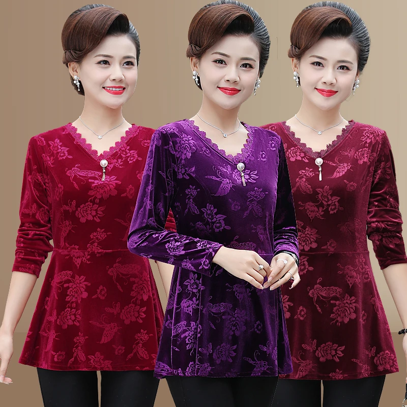 New Autumn Women Lace V neck T Shirt Velvet T Shirts Female Long Sleeve