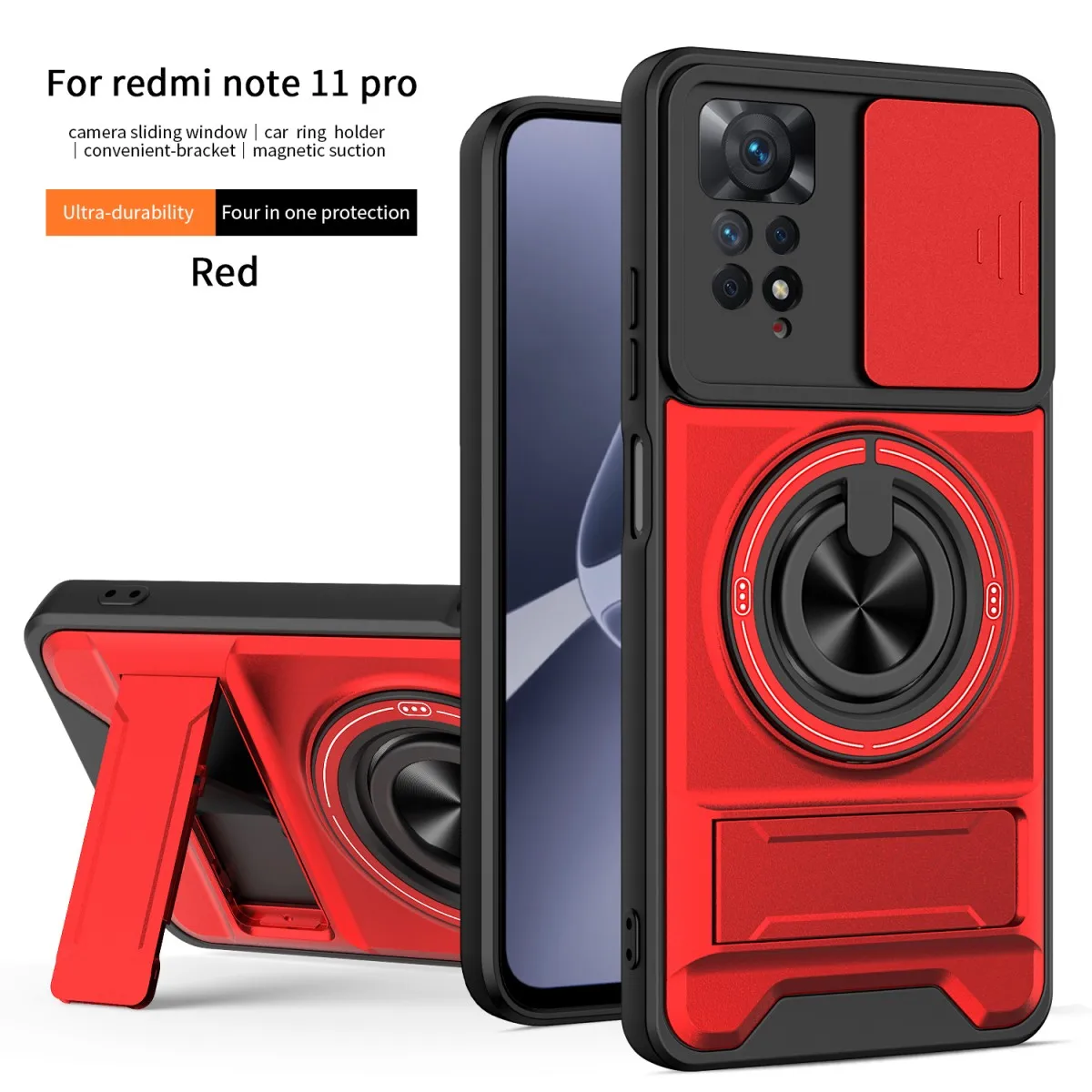 Armor Shockproof Phone Case with Sliding Camera Cap and Built-in Magnet Ring Kickstand