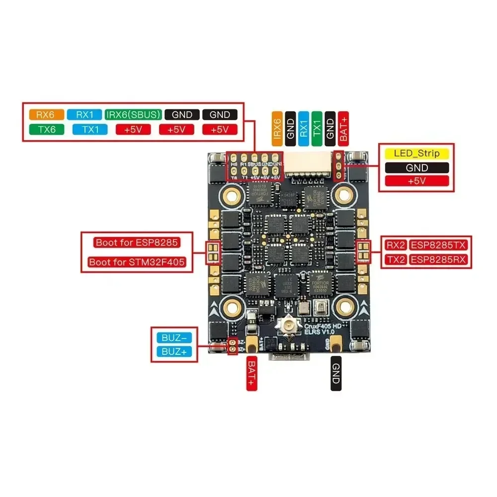 Détail des soudures et connecteurs sur le contrôleur de vol FPV Micro CruxF405HD ELRS AIO 20A.