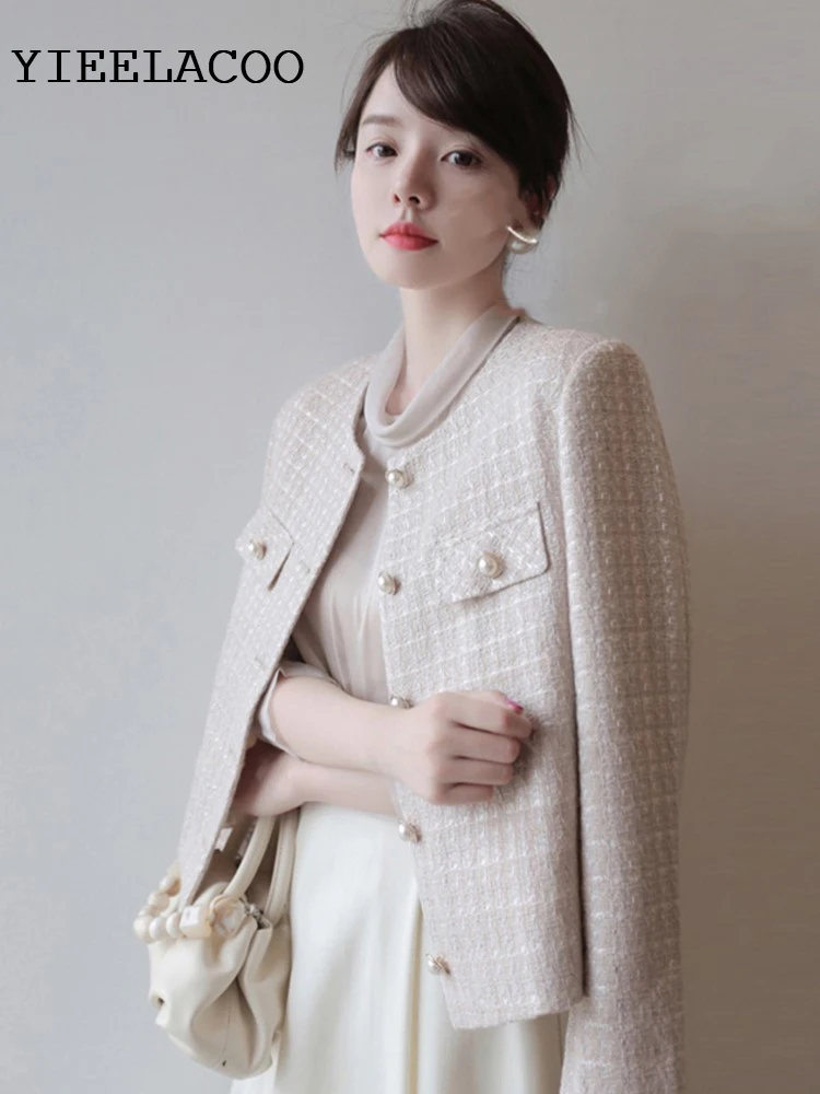 

Beige tweed jacket fragrance, autumn/winter women's jacket, plaid short top, new One piece classic jacket