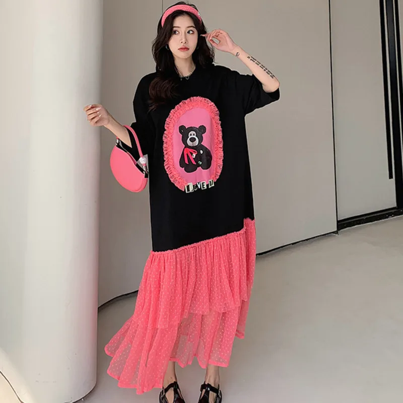

#6157 Cartoon Bear Printed Long T Shirt Dress Women Split Joint Mesh Loose Preppy Style Ladies Dresses Ankle-length Sexy Summer