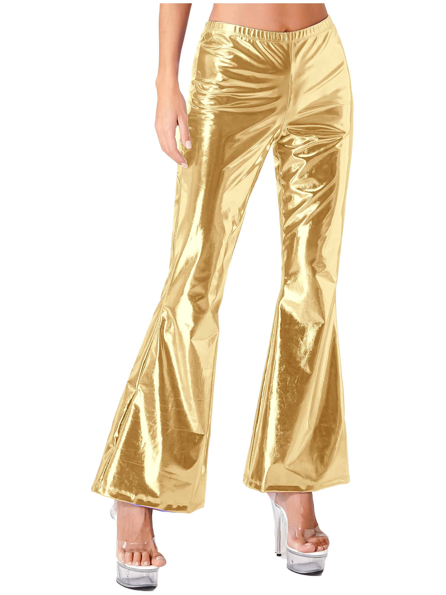 

Womens Shiny Metallic Disco Bell Bottom Flared Trousers Stage Performance Mid Waist Elastic Waistband Pants for 70’s Theme Party