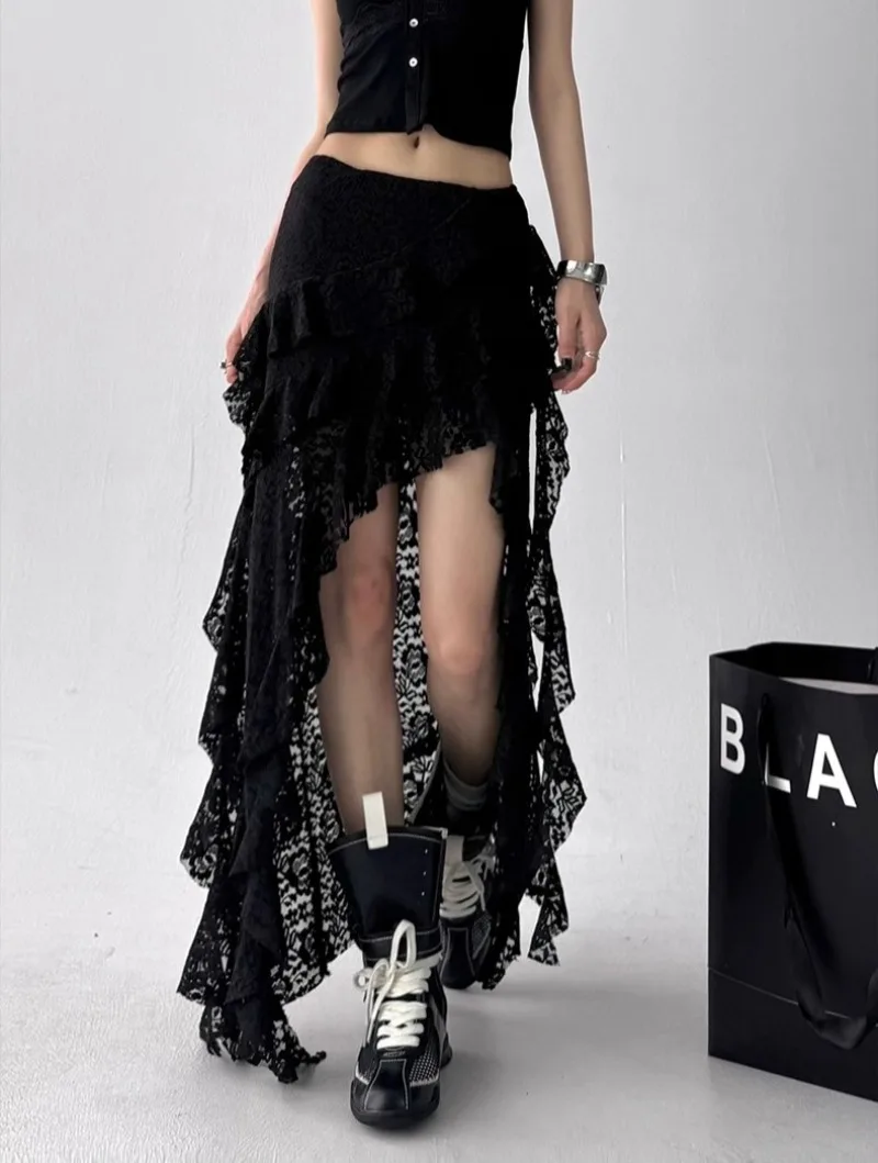 2025 Autumn New Women Clothing Black Skirts Sexy High Waist Lace Ruffles Patchwork Irregular Y2k Skirts Party Clubwear 2