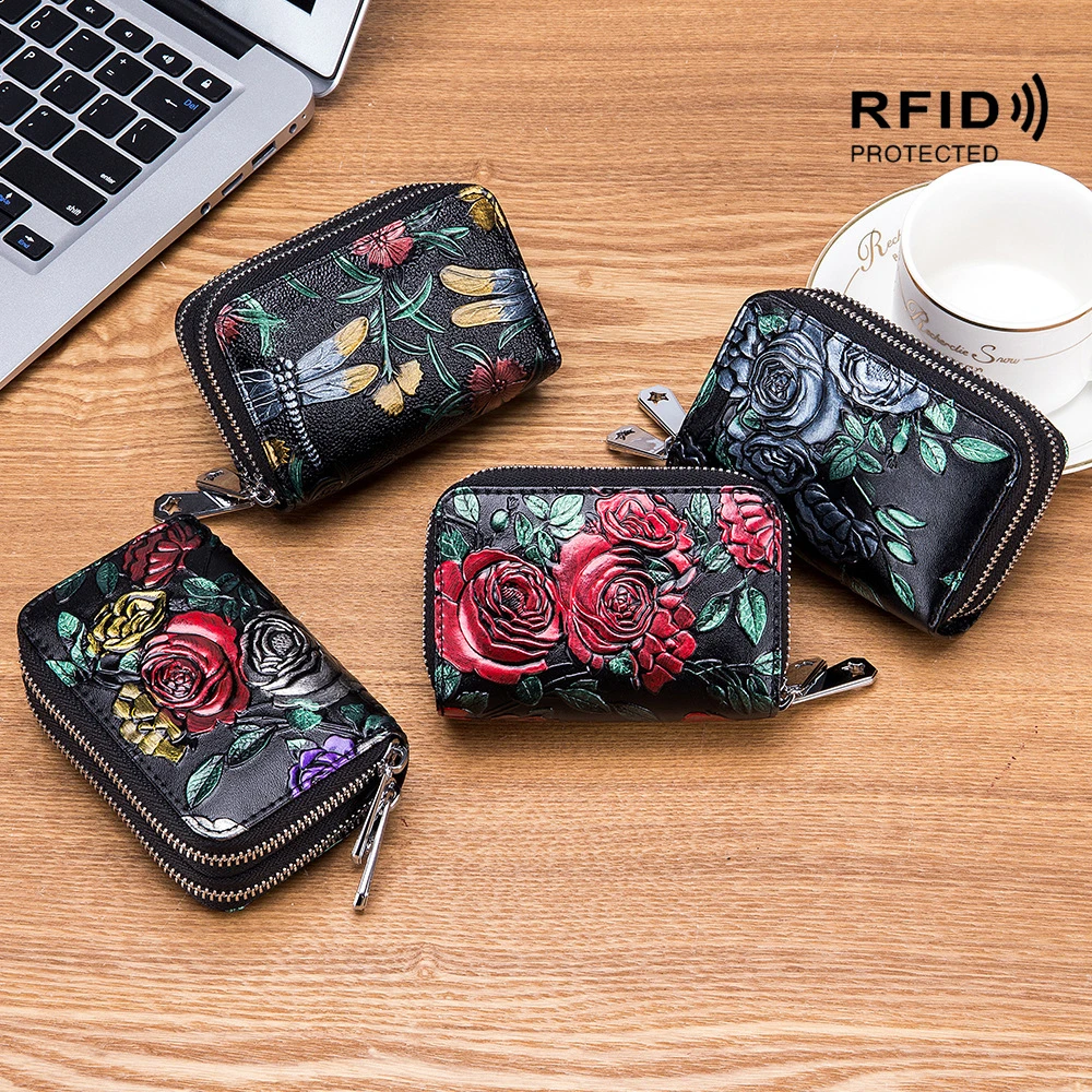 Painted Cowhide Card Bag Multiple Card Positions Rfid Anti-RF Scanning Wallet Multifunctional Double Zipper Coin Purse