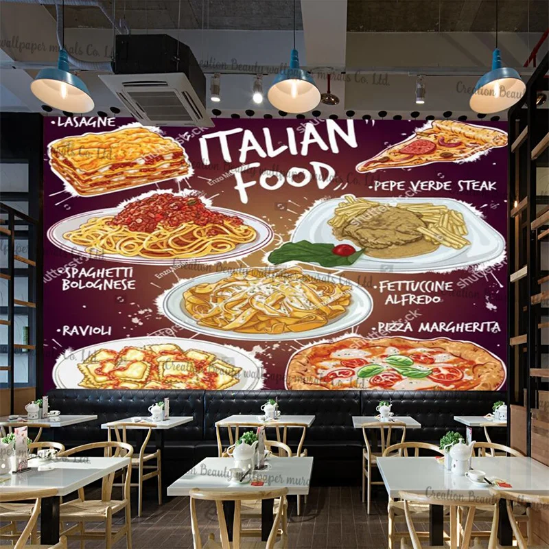 Hand Painted Italian Food Restaurant Industrial Decor Custom Mural Wallpaper Pizza Margherita And Ravioli Fast Food Wall Paper
