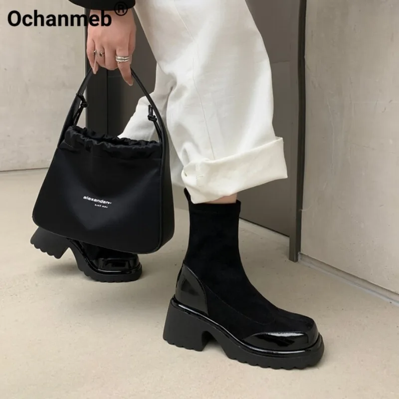 

Ochanmeb Women Sheep Patent Leather Boots Stretch Chunky Block High Heels Ankle Goth Boots Faux Suede Zipper Platform Lady Shoes