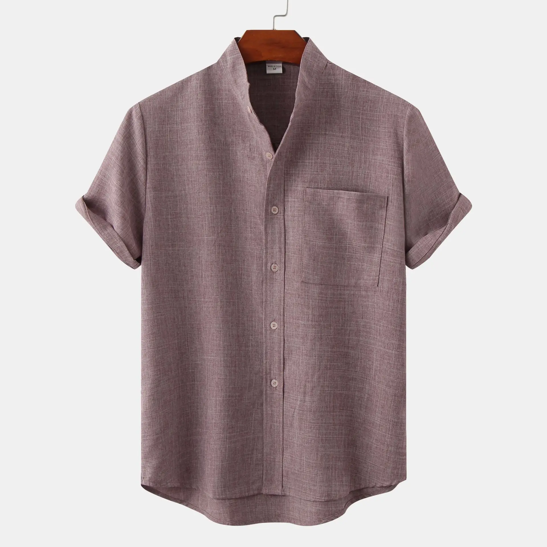 

2023 Summer New Men's Short Sleeve Solid Color Cotton and Linen Men's Shirt
