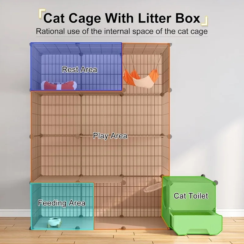 Cat Cage with Litter Box 4-Tier DIY Cat Enclosures Large Playpen Detachable Metal Wire Kennel Indoor Crate Large Exercise Place