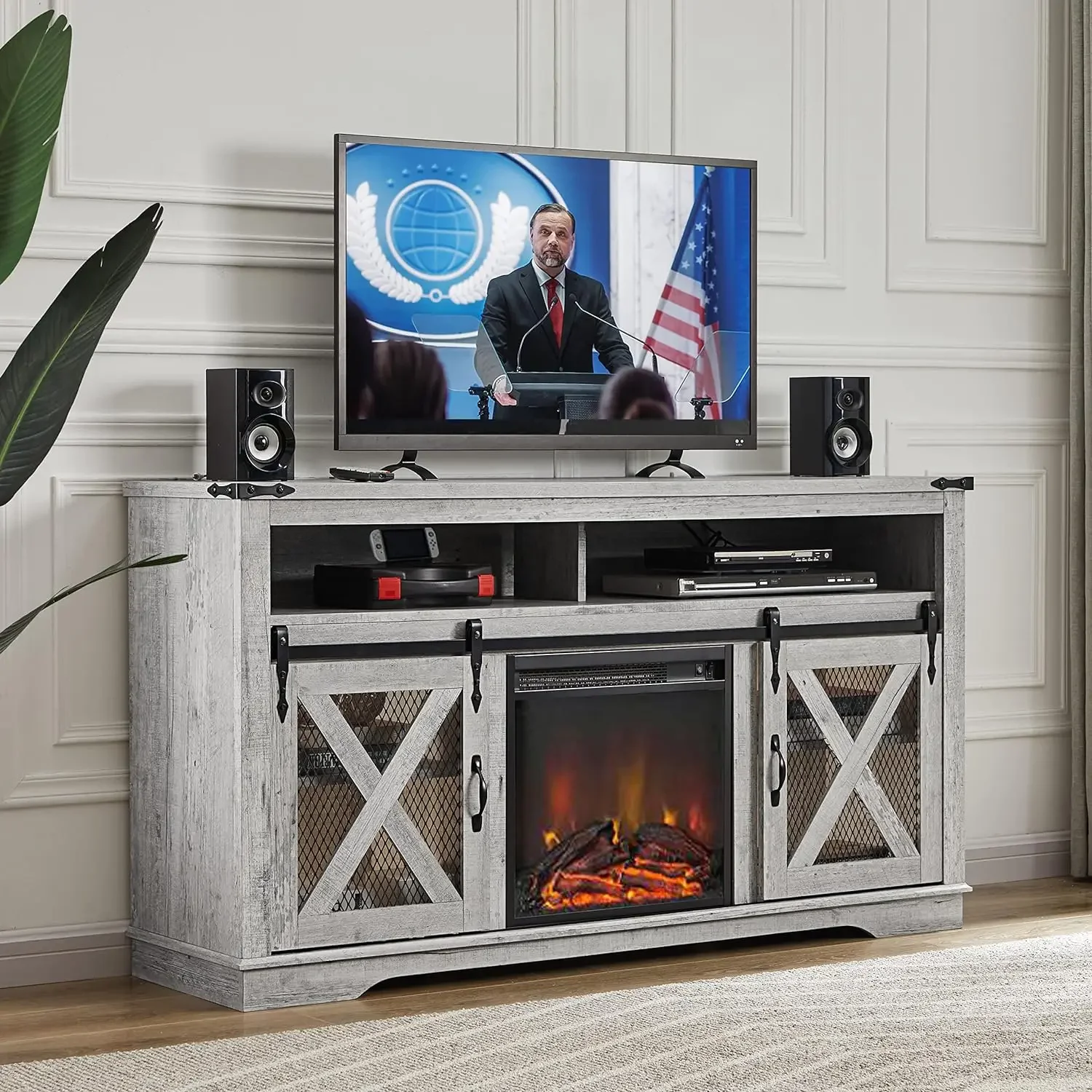 

Fireplace TV Stand for TVs up to 70",Entertainment Center with 18" Electric Fireplace,TV Stand Industrial with Sliding Barn Door