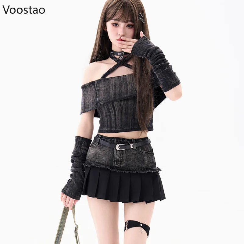 Sexy Sweet Autumn Winter Outfits 2 Piece Set Women Off Shoulder Slash Neck Outerwear +Wrap Hip Elastic Waist Slim Short Skirts