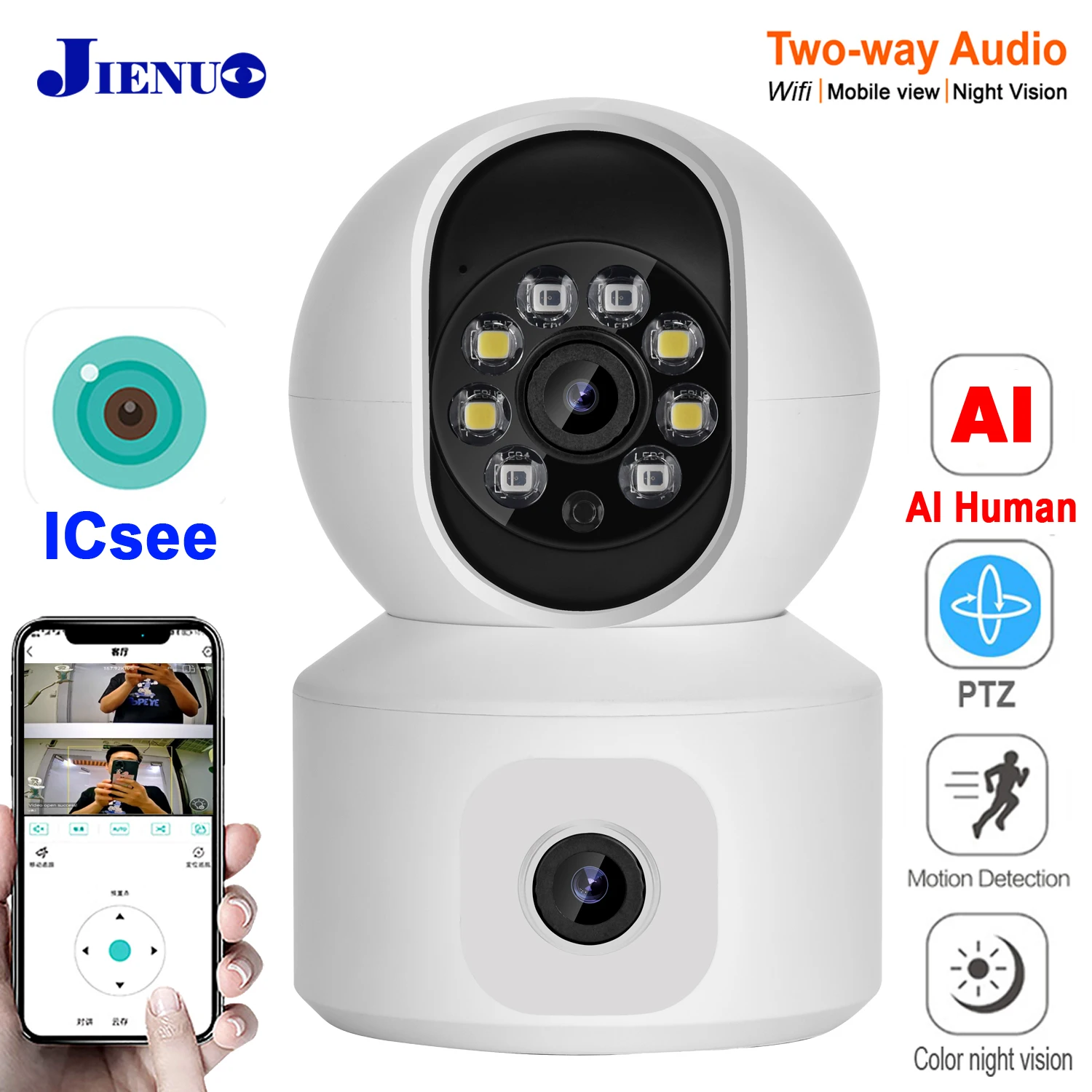 JIENUO Double Lens PTZ Wifi Camera IP Auto Track Security Full Color Dual Screen Infrared Nightvision HD Wireless Home Cam ICSee 1