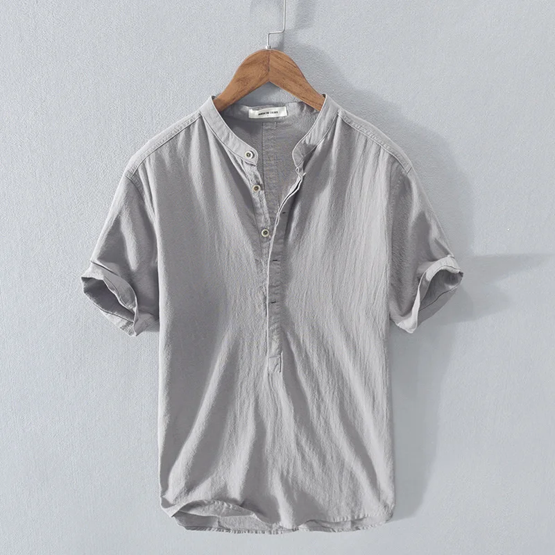 Summer Men's Cotton Linen Wrinkled Short Sleeve Pullover Shirt Casual Solid Color Male Breathable Classical Half Cardigan Tops