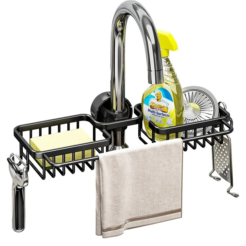Kitchen Storage Rack Hanging on a Faucet Gold Punch-Free Alumimum Pool Sponge and Cloth Hanging-Type Drain Basket