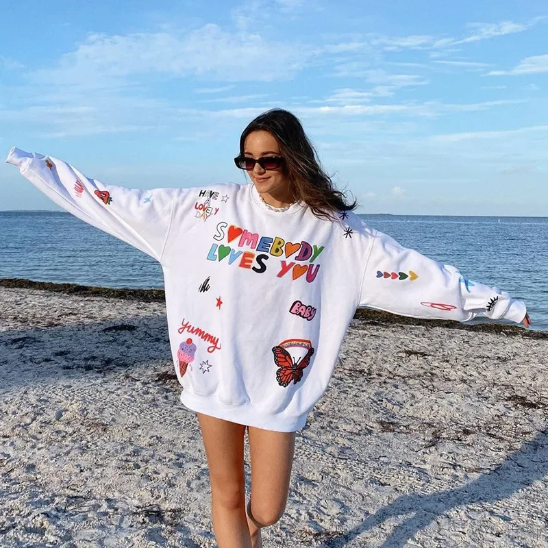 Harajuku Print 90s E-girl Oversized Sweatshirts for Women Long Sleeve Autumn Graphic Print Casual Long Pullovers Outfits 2024