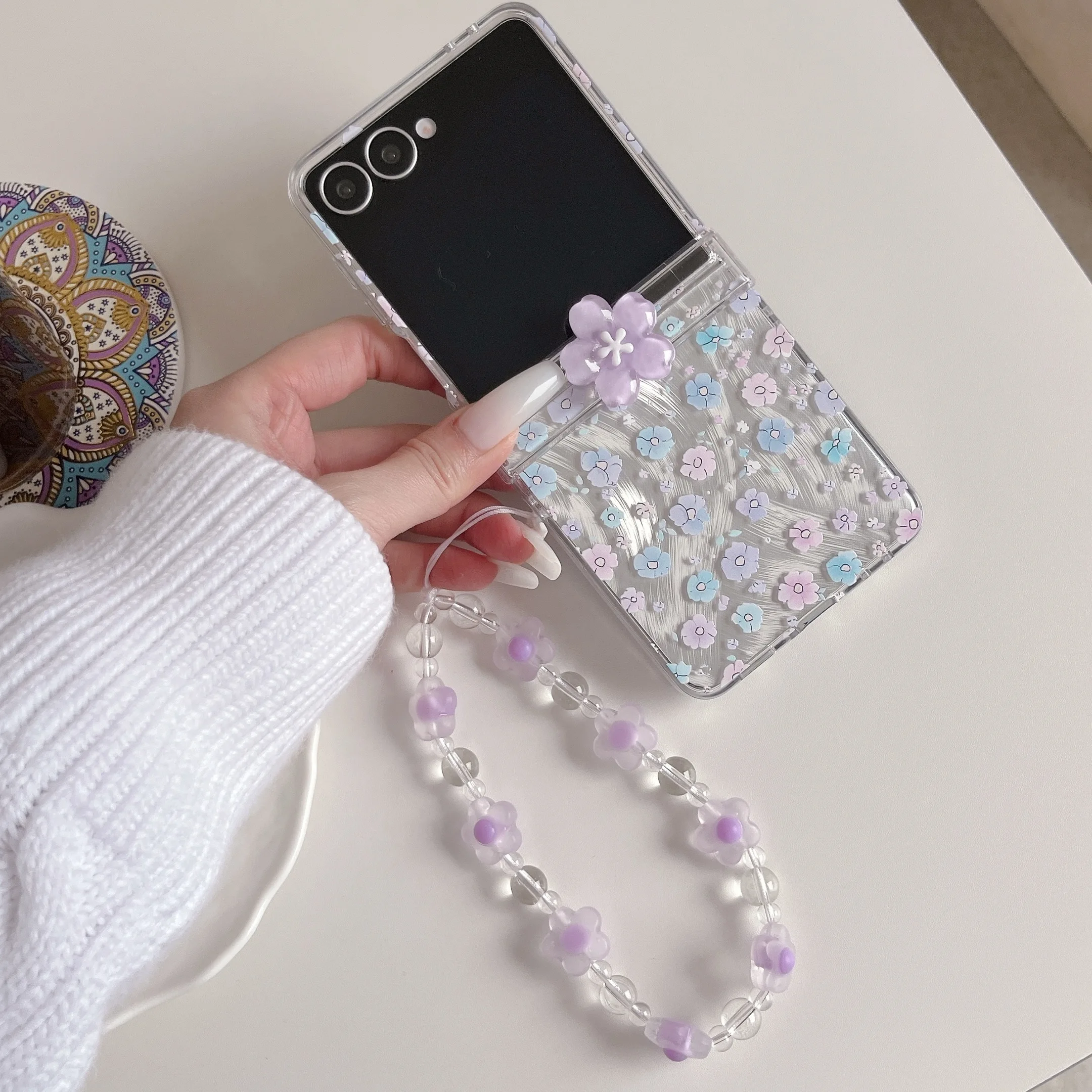 3D Purple Flower Blooming Dual-Mode Clear Protective Case with Lanyard - Middle Axis Design