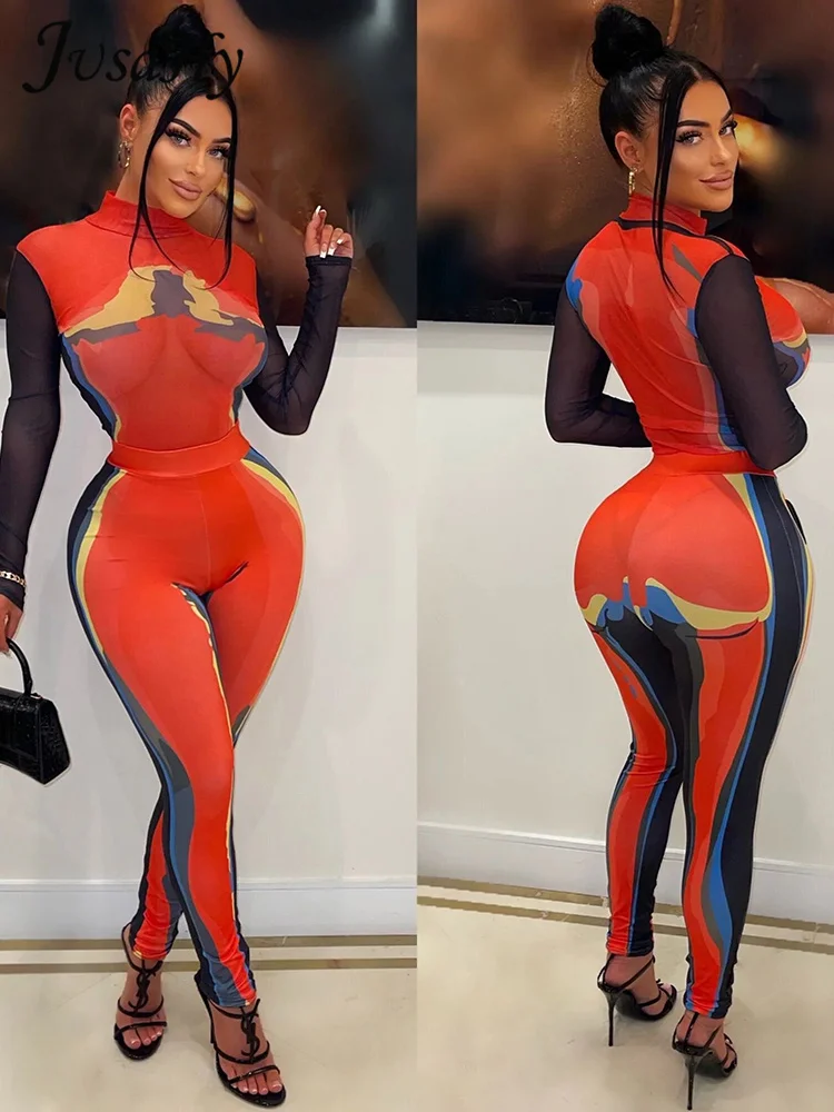

JusaHy Women 2022 New Y2K Mesh Comics Printed Patchwork Slightly Transparent Stand Collar T-Shirt&Pencil Pants Two Pieces Sets