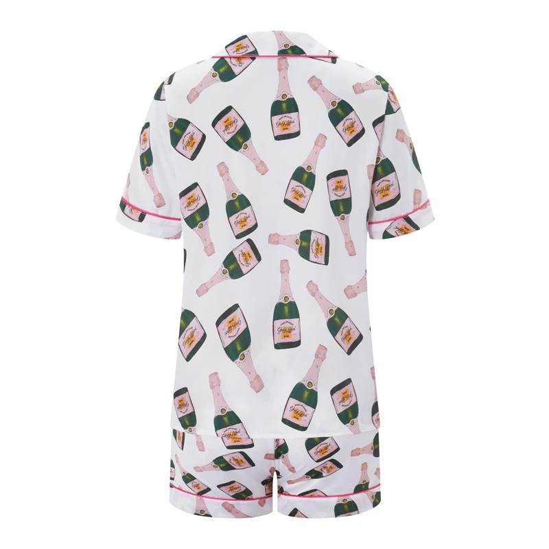 Beverage Bottle Print Lounge Outfits Women's 2 Piece Pajama Set Comfy Short Sleeve Button Down Tops Shirt + Elastic Waist Shorts