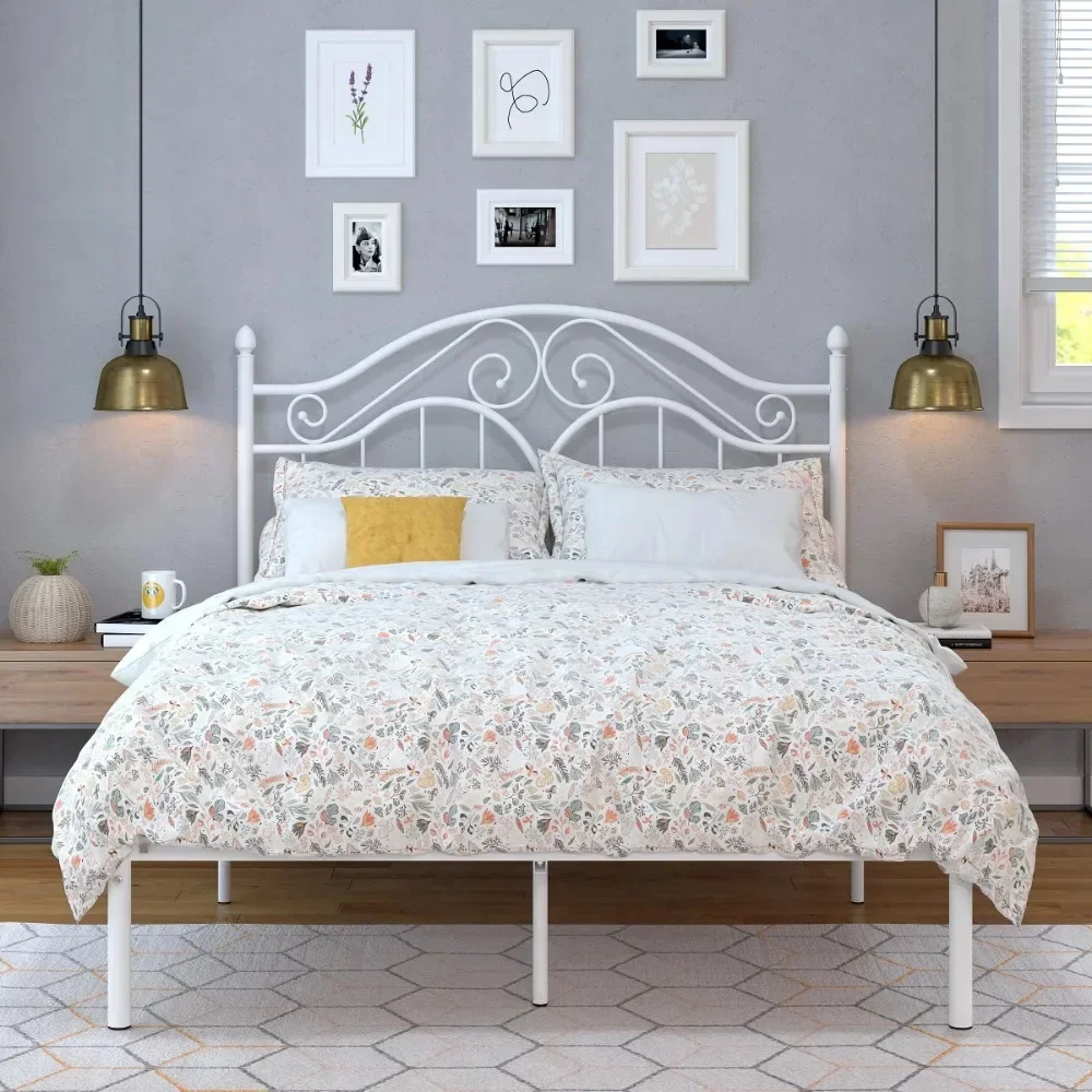 

Full Size Metal Platform Bed Frame with Vintage Headboard, Sturdy Steel Slat Mattress Foundation with 11" Under-Bed Storage