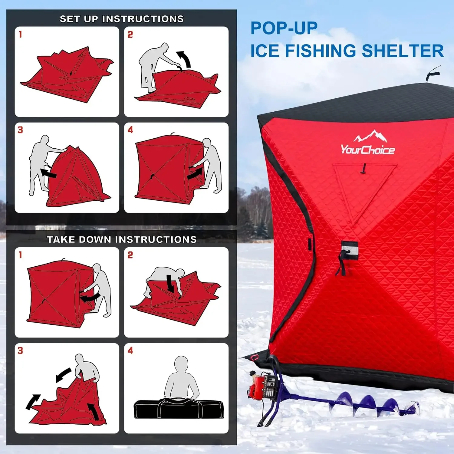 Choice Pop Up 3-4 Person Ice Fishing Shelter, Fully Insulated Ice Fishing Shelter, with Insulated Layer to Windproof and Wa