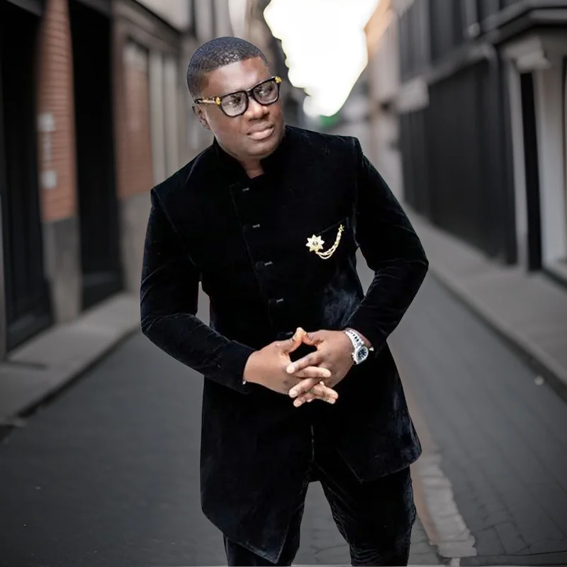 

Деловые свадебные костюмы с воротником-стойкой 2 шт. бархатная куртка для курения облегающий смокинг для жениха индивидуальный стиль (Блейзер + брюки)