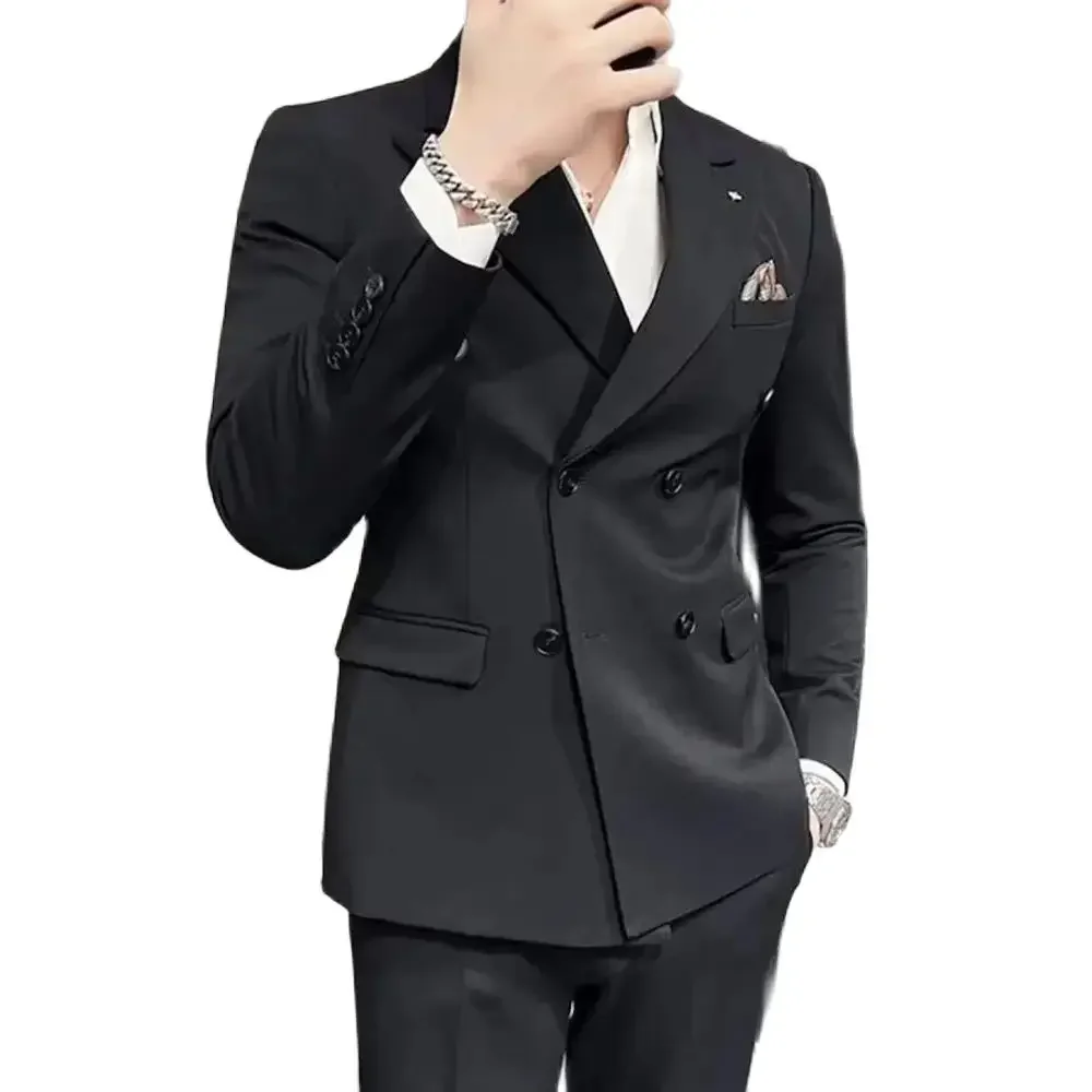 Customized Black Men's Suits Double Breasted Peaked Lapel Formal Dinner Outfits Elegnat 2 Piece Jacket Pants Business Blazer