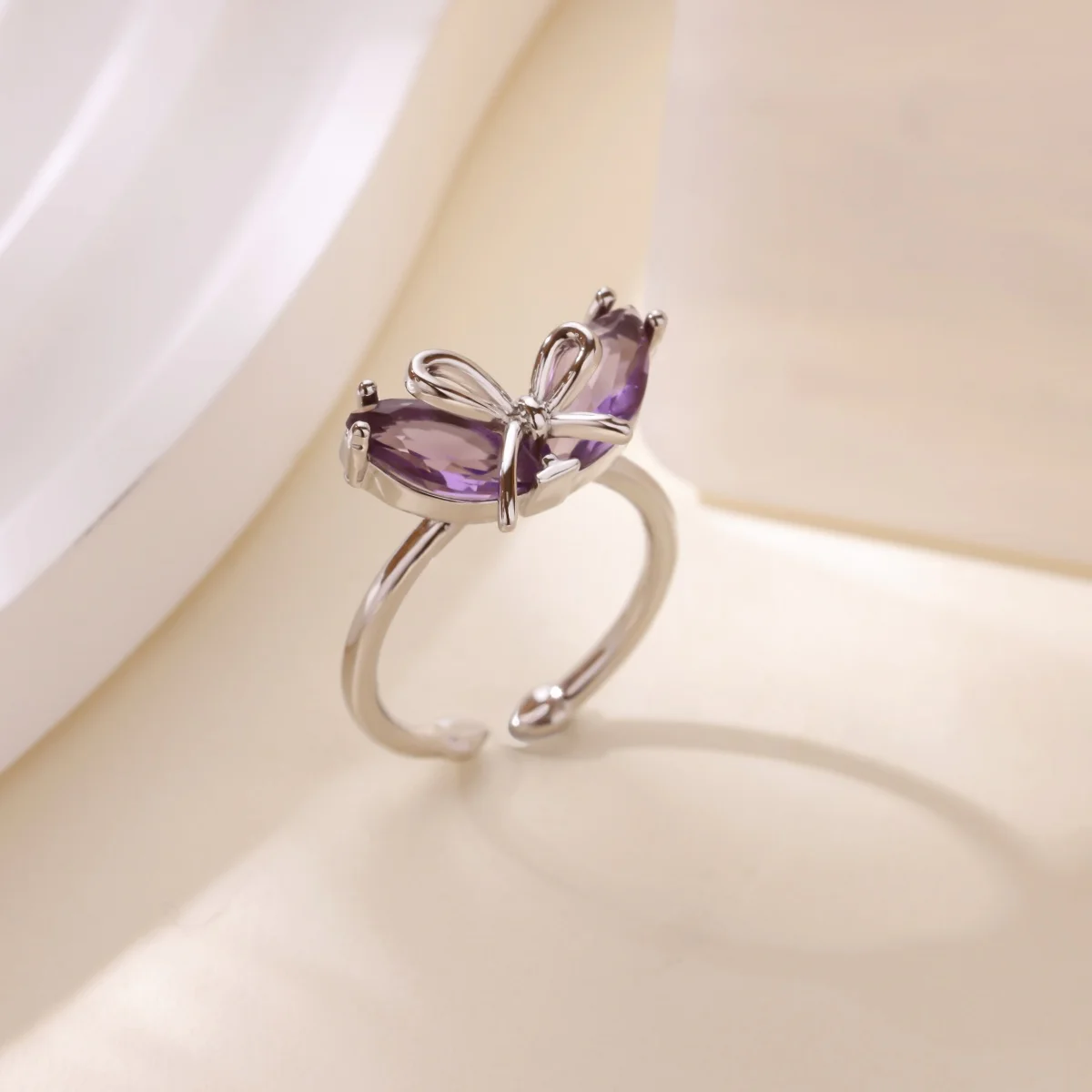 Stainless Steel Rings Romantic Bow Tie Adjustable Zircon Opening Ring For Women
