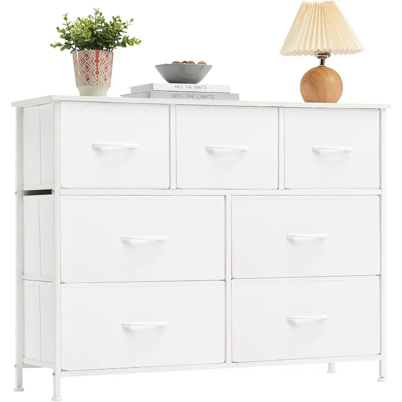 

Dresser for Bedroom with 7 Drawers, Wide Storage Organizer Chest of Drawers with Fabric Bins for Closet Bedside Nursery