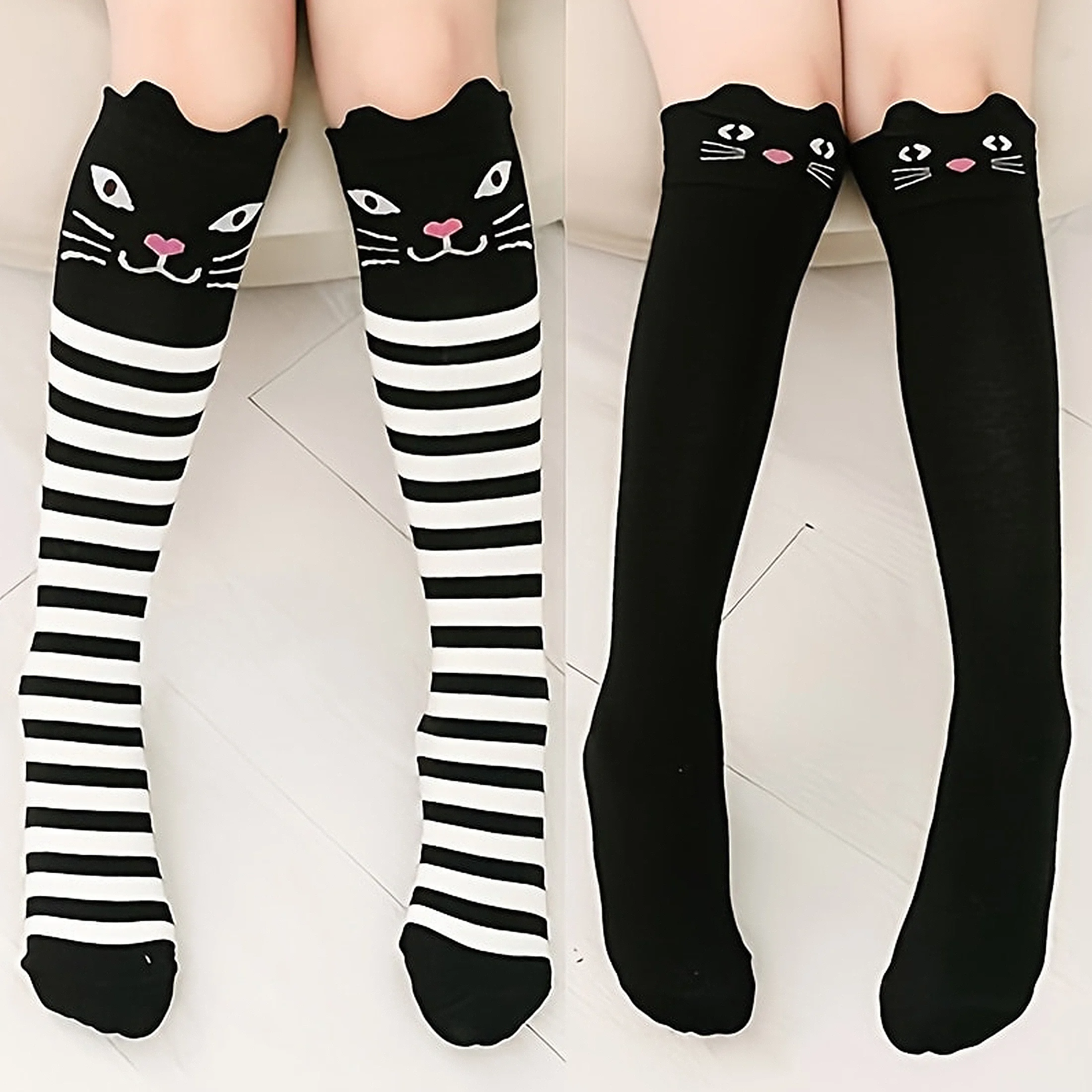 2 Pairs of Cat Striped Knee-High Socks for Girls