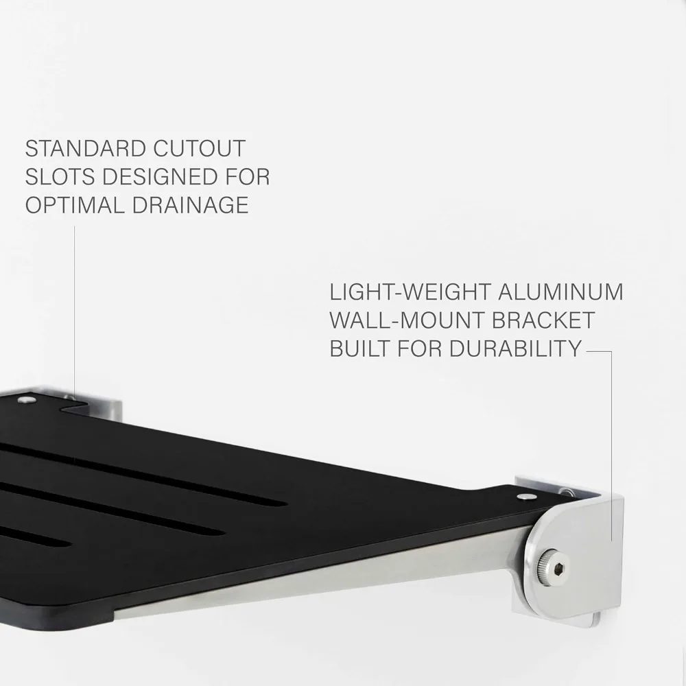 18 Inch Silhouette Slimline Folding Wall Mount Shower Bench Seat, Matte Black Seat with Silver Sturdy Aluminum Frame 3