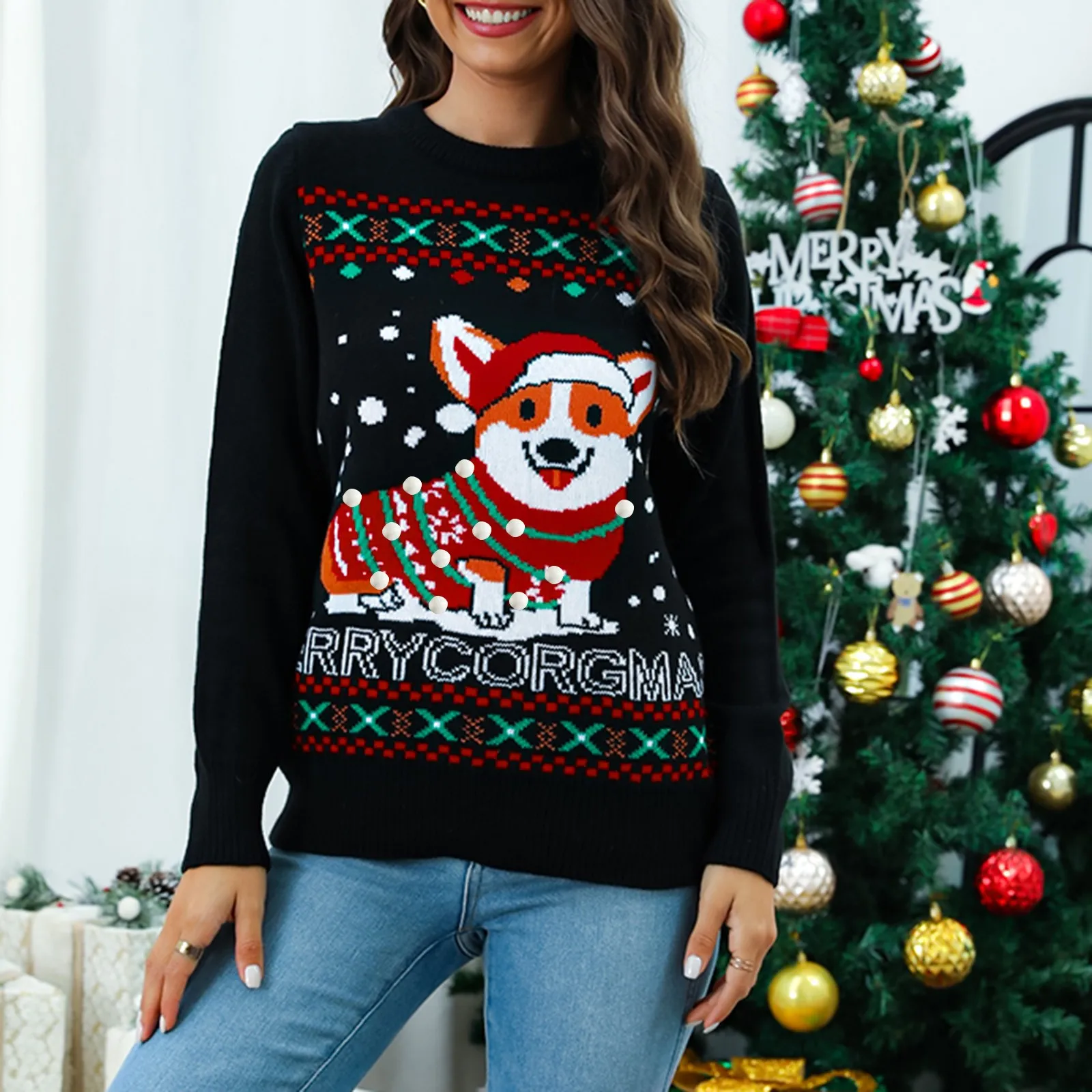 

New Christmas Print Knitted Sweater Women Autumn Winter Casual Warm Round Neck Long Sleeve Pullovers Fashion Tops свитер женский