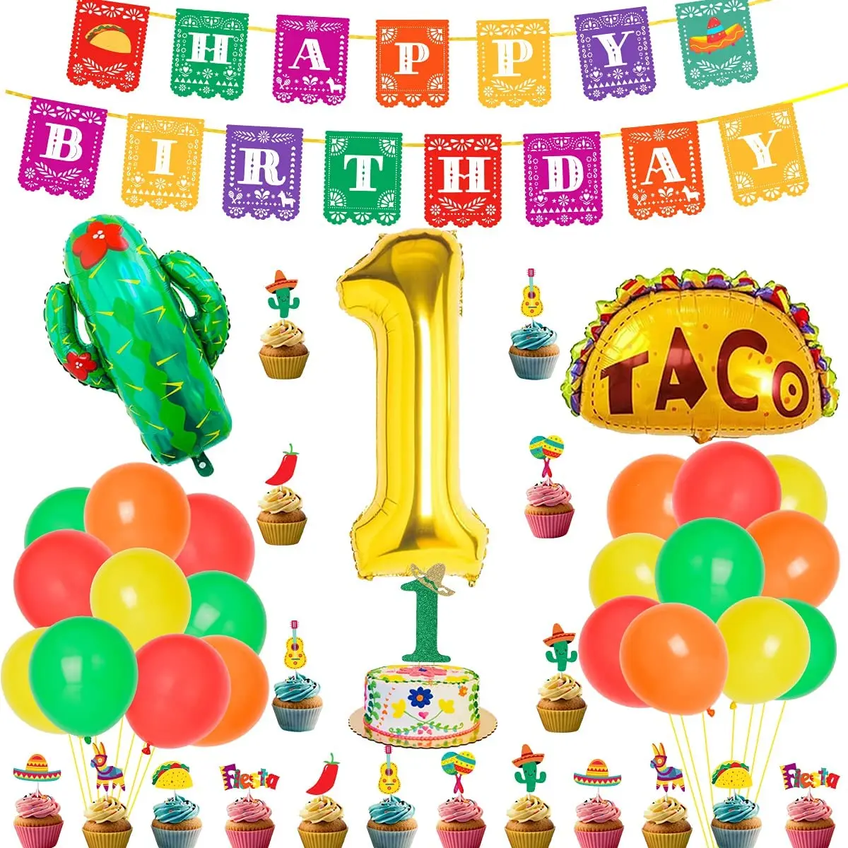 

Mexican 1st Birthday Decorations Fiesta Happy Birthday Banner Cake Topper Taco Cactus Balloons for Boys Girls First Birthday
