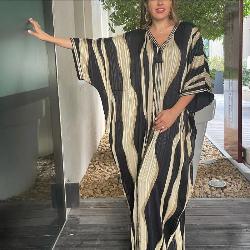 

Spring Autumn Striped Bat Sleeves Muslim Fashion Arabic Robe Tassels New Style abayas for women dubai 2023 baratas hijab dress