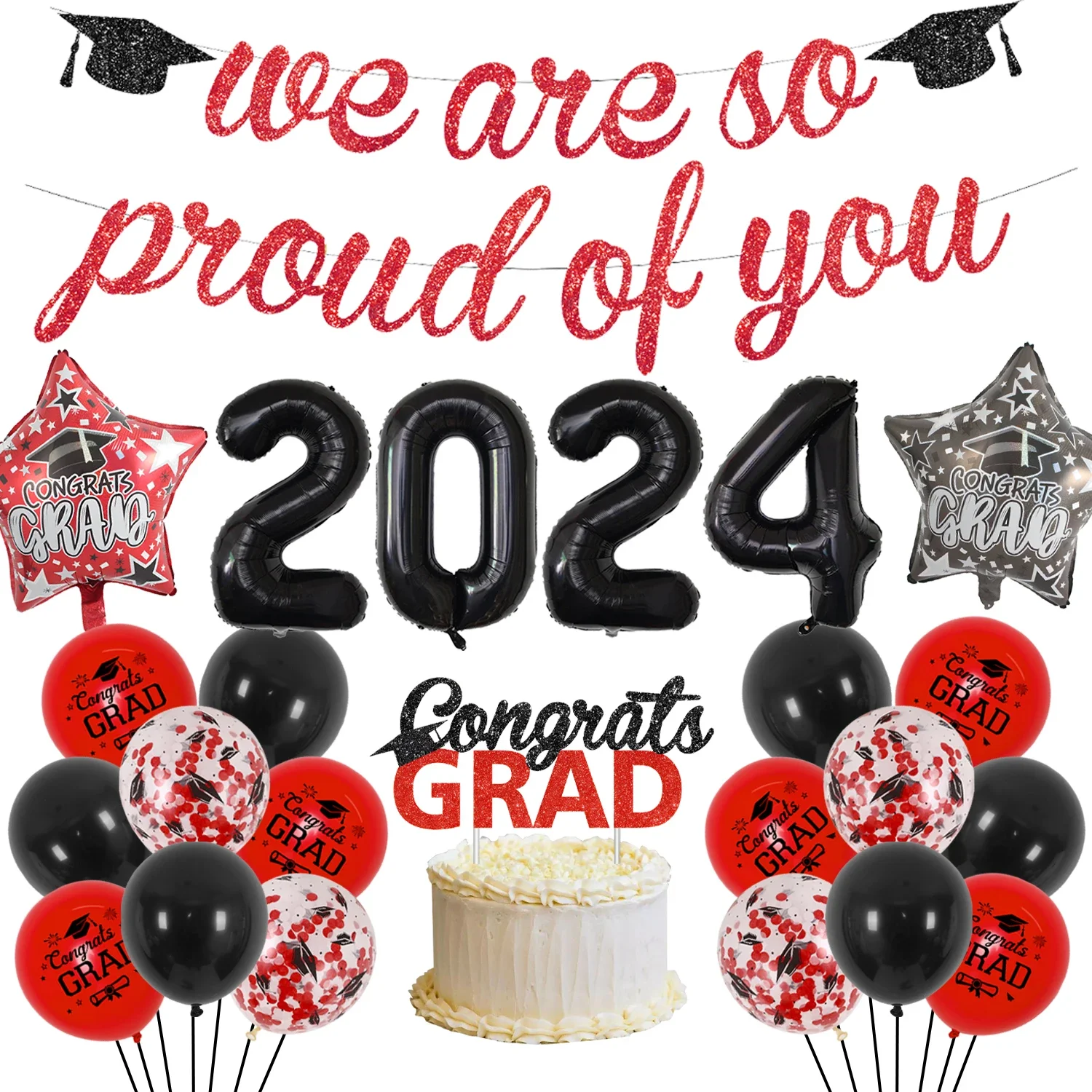 

Graduation Party Decor, We Are So Proud of You Banner, Star Balloons, Cake Topper, 2024