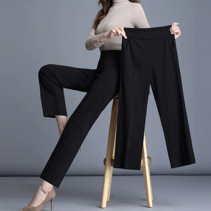 Women's Spring Autumn New Fashion Elegant Solid Pocket Elastic Versatile Commuter Loose High Waist Straight Leg Wide Leg Pants