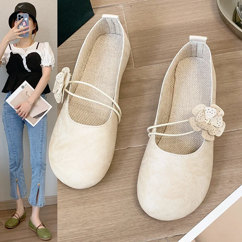 2024 Summer New Single Shoes Women's Comfortable Bow Autumn Retro Flat Shoes Shallow Mouth Casual Versatile Shoes Student