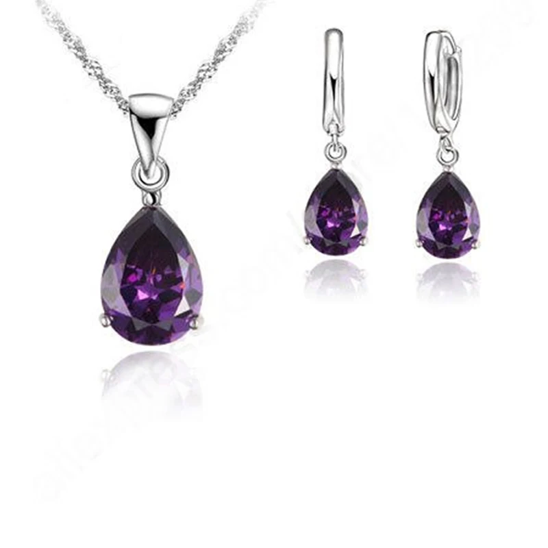 925 Sterling Silver Jewelry Sets Chain Cubic Zirconia CZ Pendant Hoop Earring Necklace jewelry set silver jewelry silver jewelry set crystal jewelry set