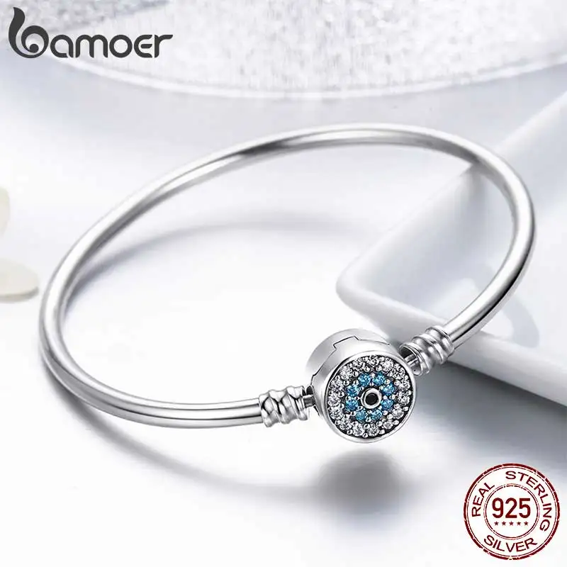 Bamoer 925 Sterling Silver Blue Evil Eye Bangle Bracelet Chain Bracelet Clear CZ Luxury Jewelry SCB012