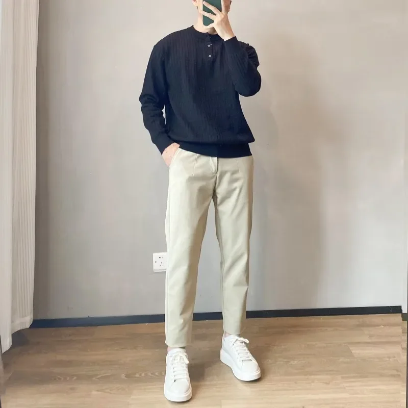 Bottom Knit Sweater Men's Light Mature Business Casual Spring and Fall Thin Section Loose Half Open Button Round Neck Sweater