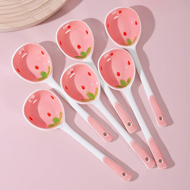 1 Pcs Cute Strawberry Ceramic Soup Spoon Ice Cream Hand Painted