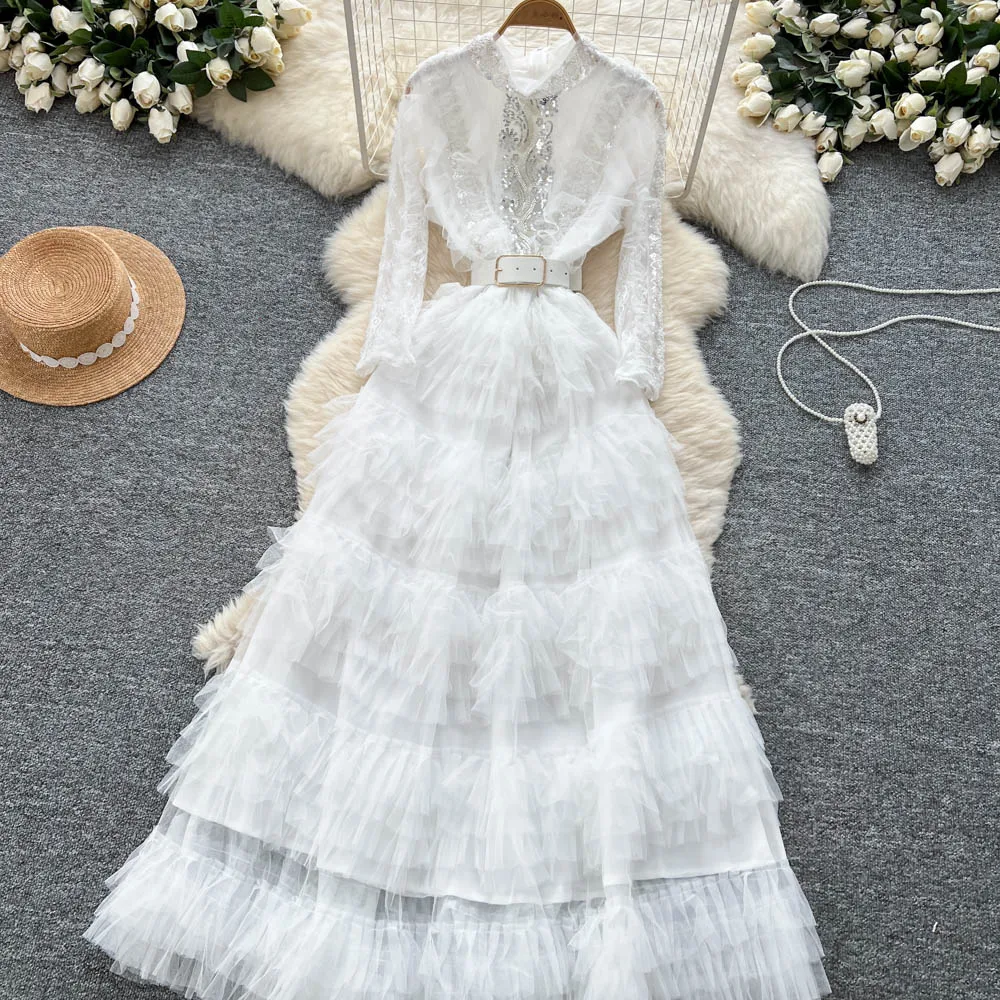 Elegant Embroidered Sequins Long Dresses Autumn Women Layer Ruffles Cake Full Sleeve Evening Party Vestidos Mesh Tulle Long Robe