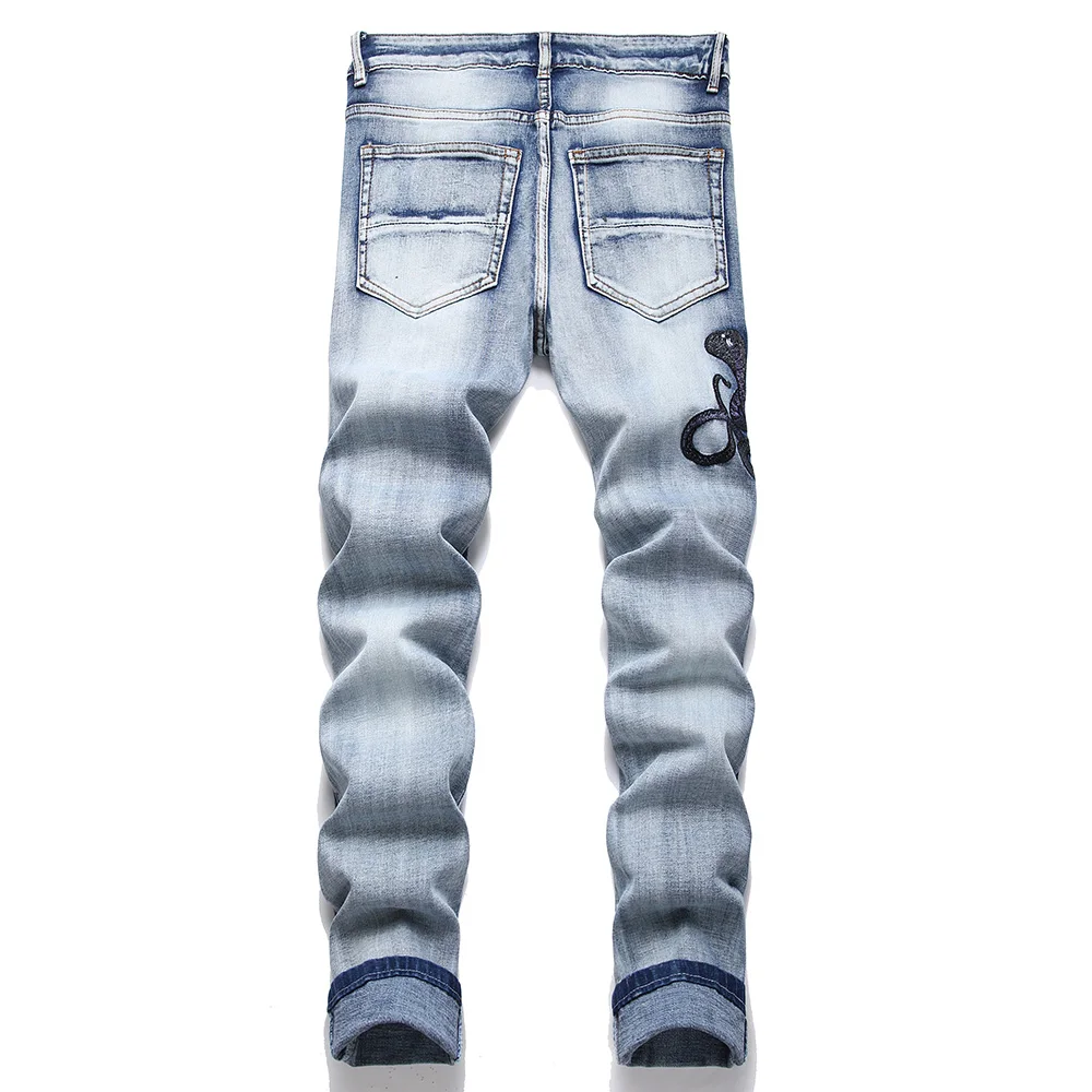 Men Snake Embroidery Jeans Holes Ripped Blue Stretch Denim Pants Slim Tapered Trousers 2