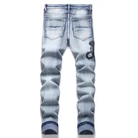 Men Snake Embroidery Jeans Holes Ripped Blue Stretch Denim Pants Slim Tapered Trousers 2