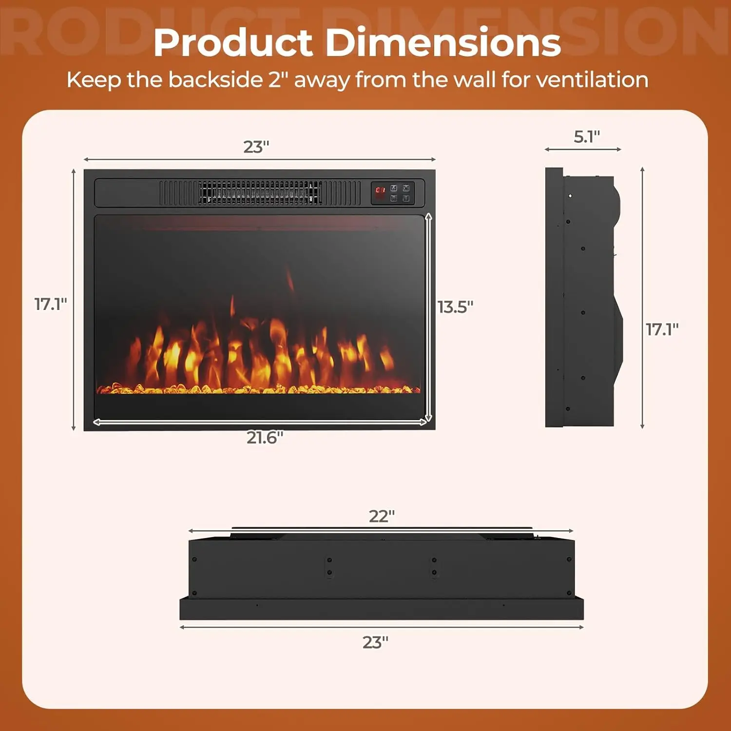 23 Inches Electric Fireplace Insert 750W/1500W Fireplace Heater with Remote Control Adjustable Flame Color Brightness 1H-8H 4