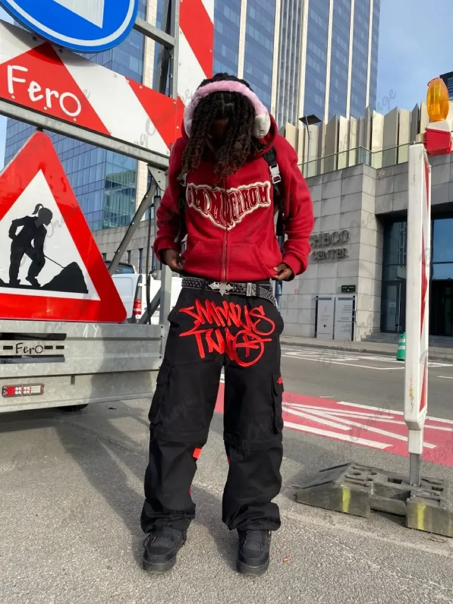 

Y2K Retro Street Trend Cargo Pant 2024 New Fashion Minus Two Black Pants Harajuku Hip Hop Print Loose Overalls Joggers Men