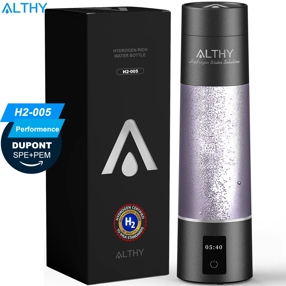 ALTHY Performance Molecular Hydrogen Water Generator Bottle DuPont SPE&PEM Dual Chamber lonizer + Charging&Time Display