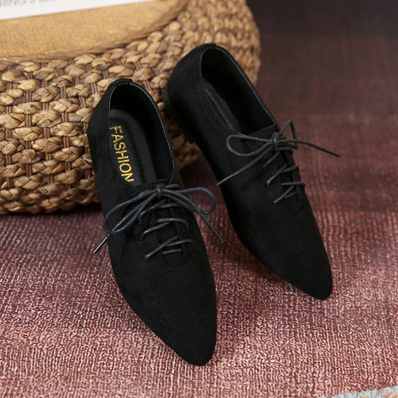 Fashion Pointed Shoes Female Shoes Daily Casual Shoes Classics Black Lace-Up Comfortable Flats Women's Flat Shoes 2022 Autumn