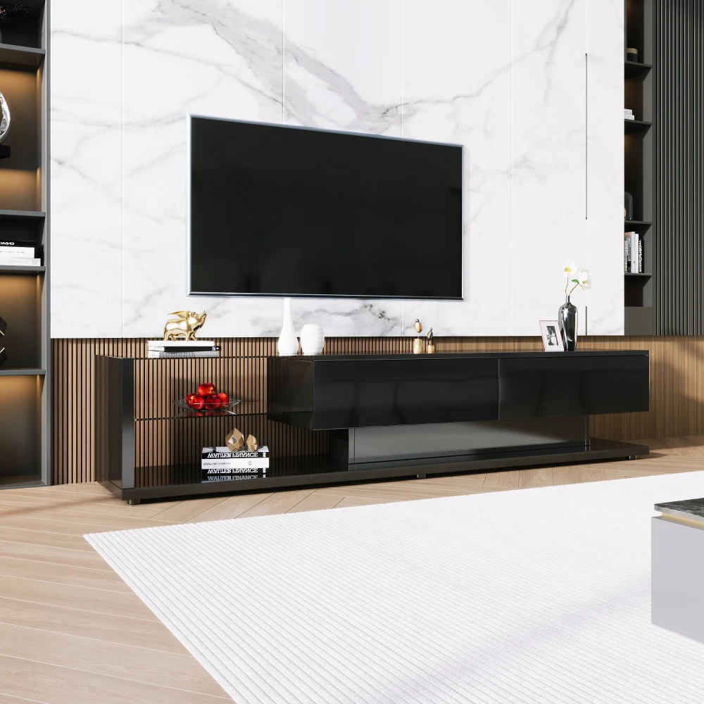 PINGGO Moderner Rustikaler TV-Schrank mit Hochglanz-Glastrennwänden und Variabler LED-Beleuchtung - Wohnzimmermöbel – Detail 6